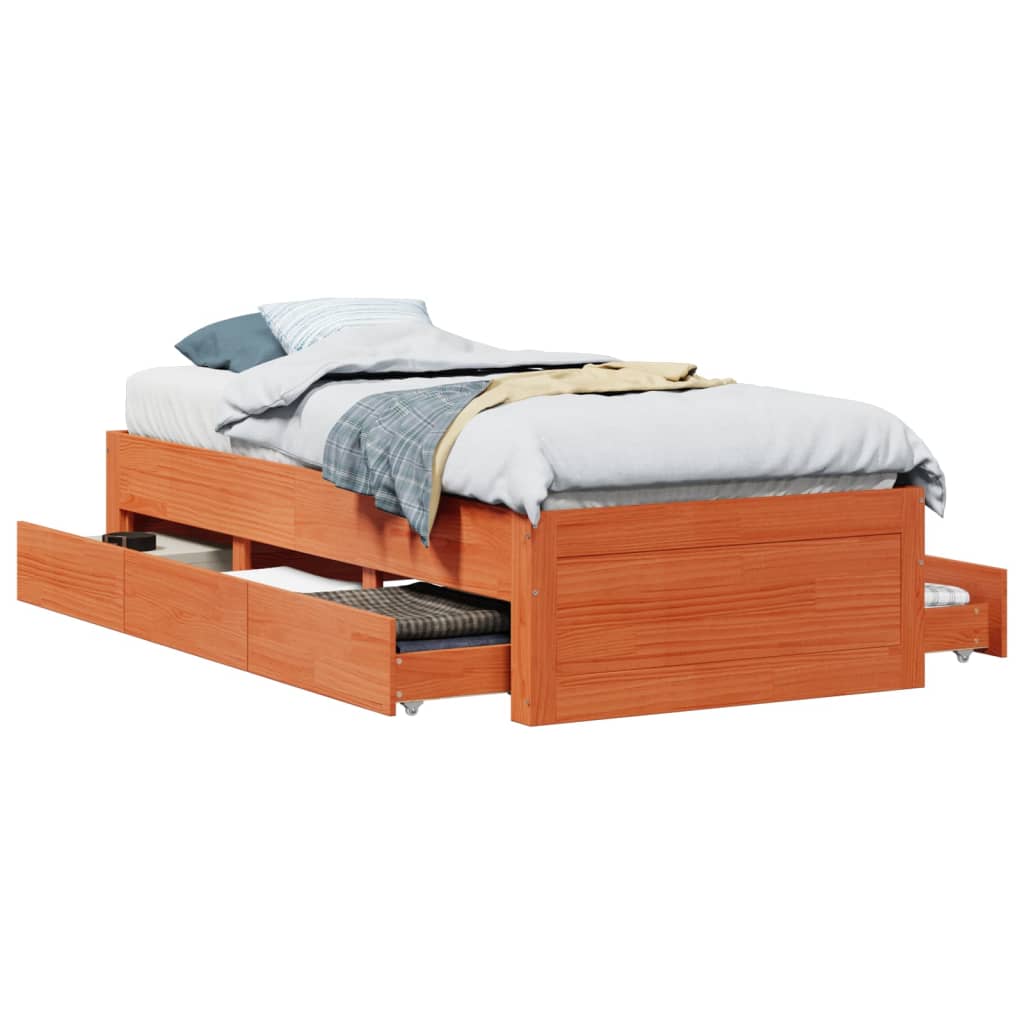Bed Frame without Mattress with Drawers Wax Brown 90x200 cm Solid Wood Pine