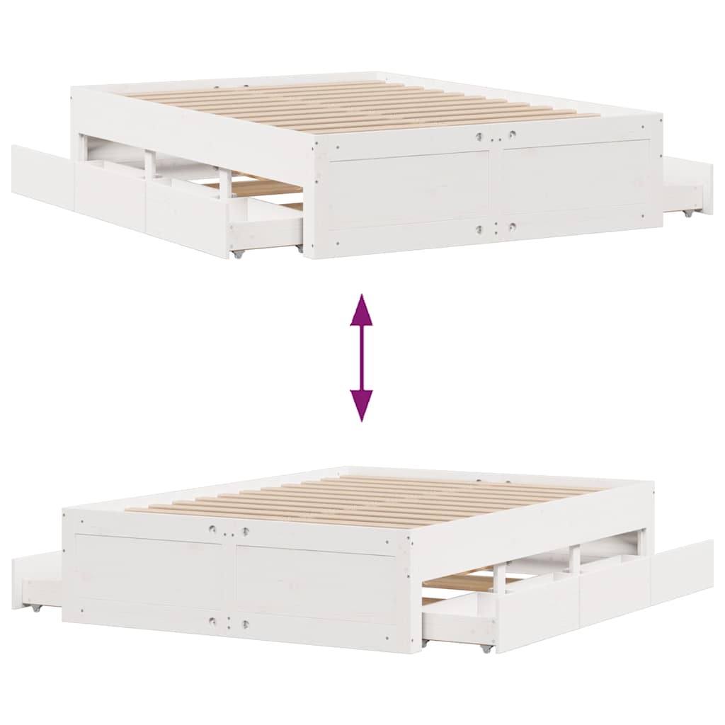 Bed Frame without Mattress with Drawers White 140x190 cm Solid Wood Pine