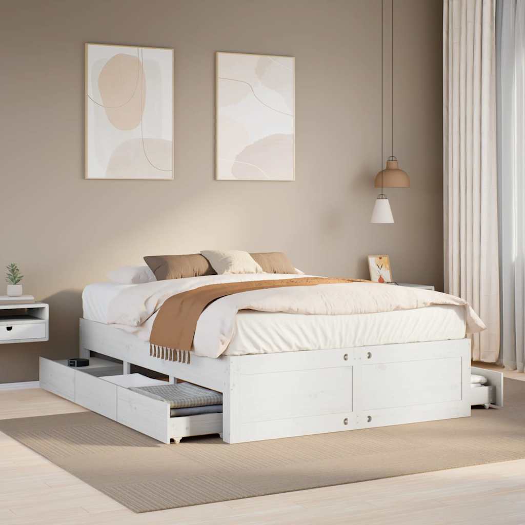 Bed Frame without Mattress with Drawers White 140x190 cm Solid Wood Pine