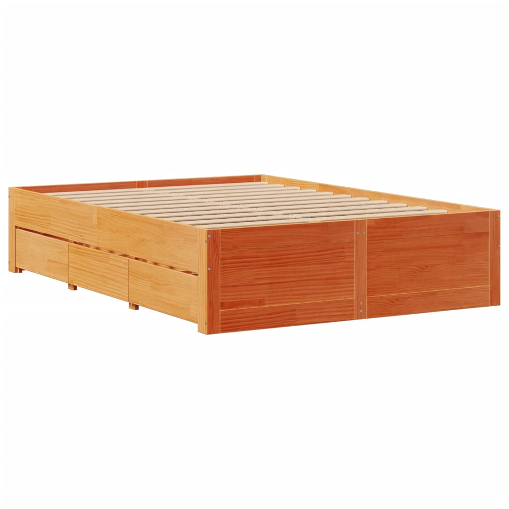 Bed Frame without Mattress with Drawers Wax Brown 140x190 cm Solid Wood Pine