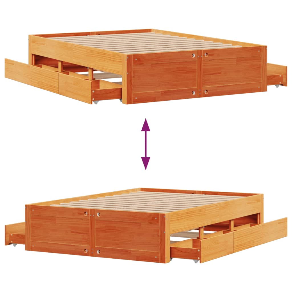 Bed Frame without Mattress with Drawers Wax Brown 140x190 cm Solid Wood Pine