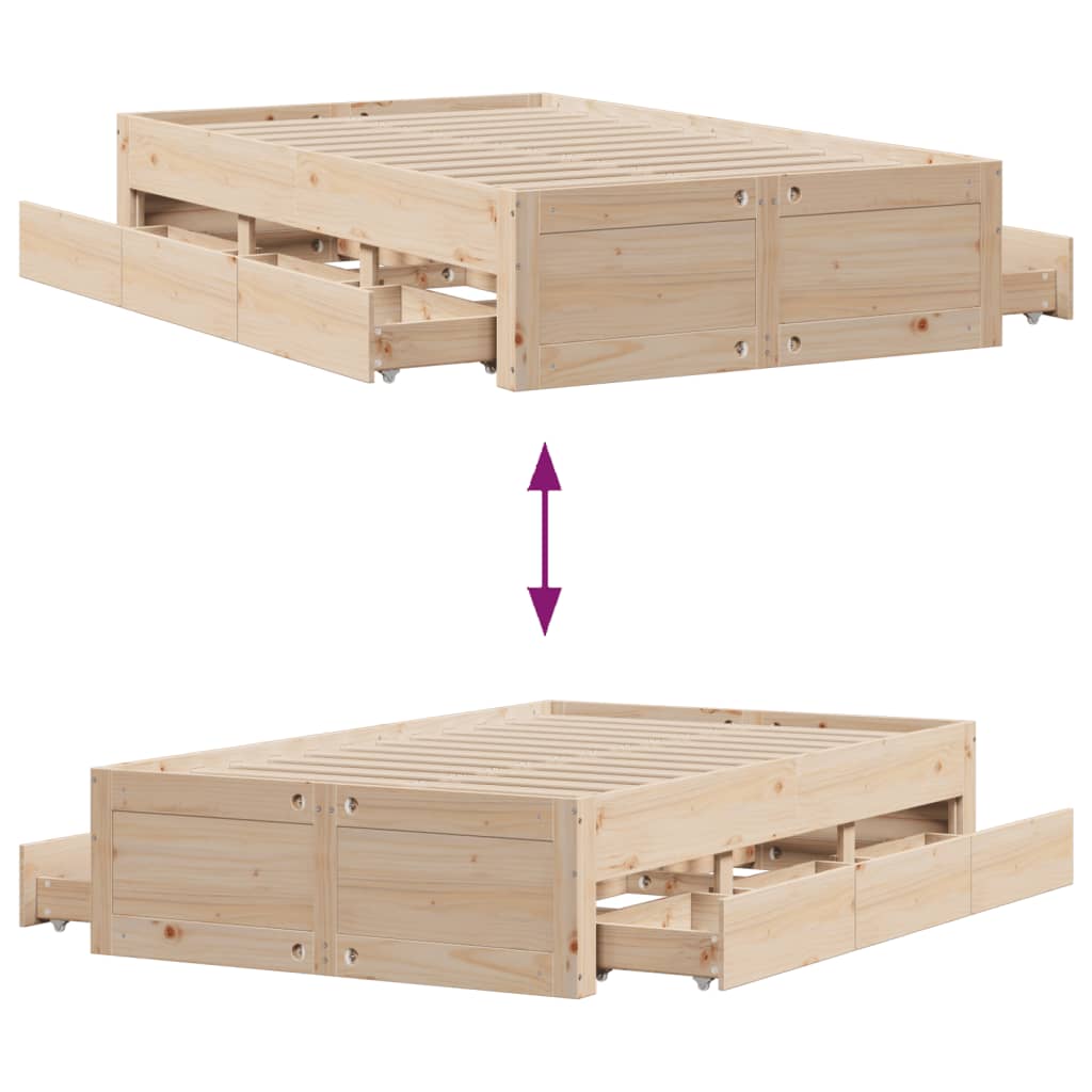 Bed Frame without Mattress with Drawers 135x190 cm Double Solid Wood Pine