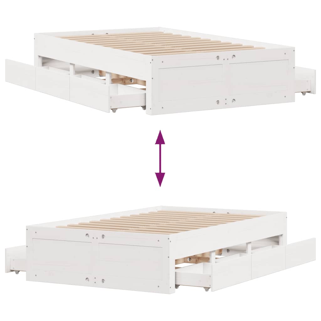 Bed Frame without Mattress with Drawers White 135x190 cm Double Solid Wood Pine