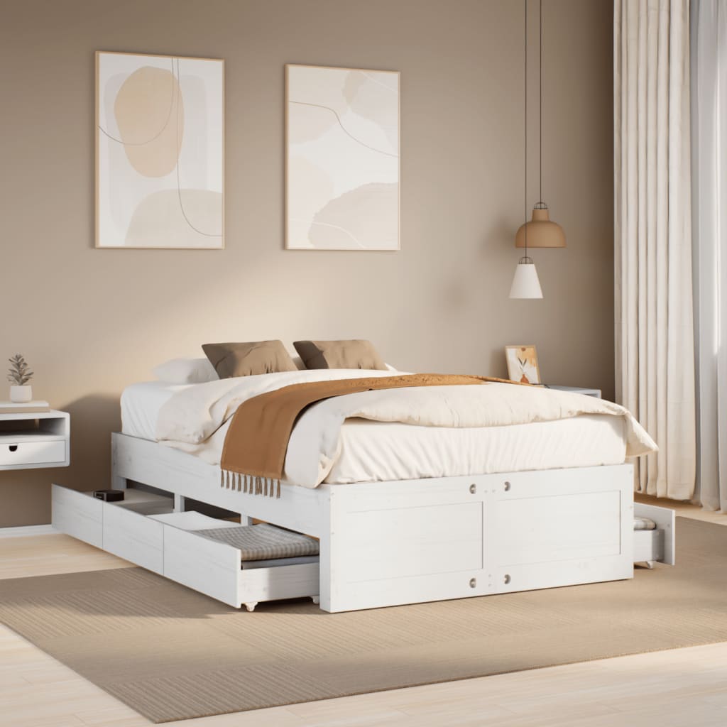 Bed Frame without Mattress with Drawers White 135x190 cm Double Solid Wood Pine