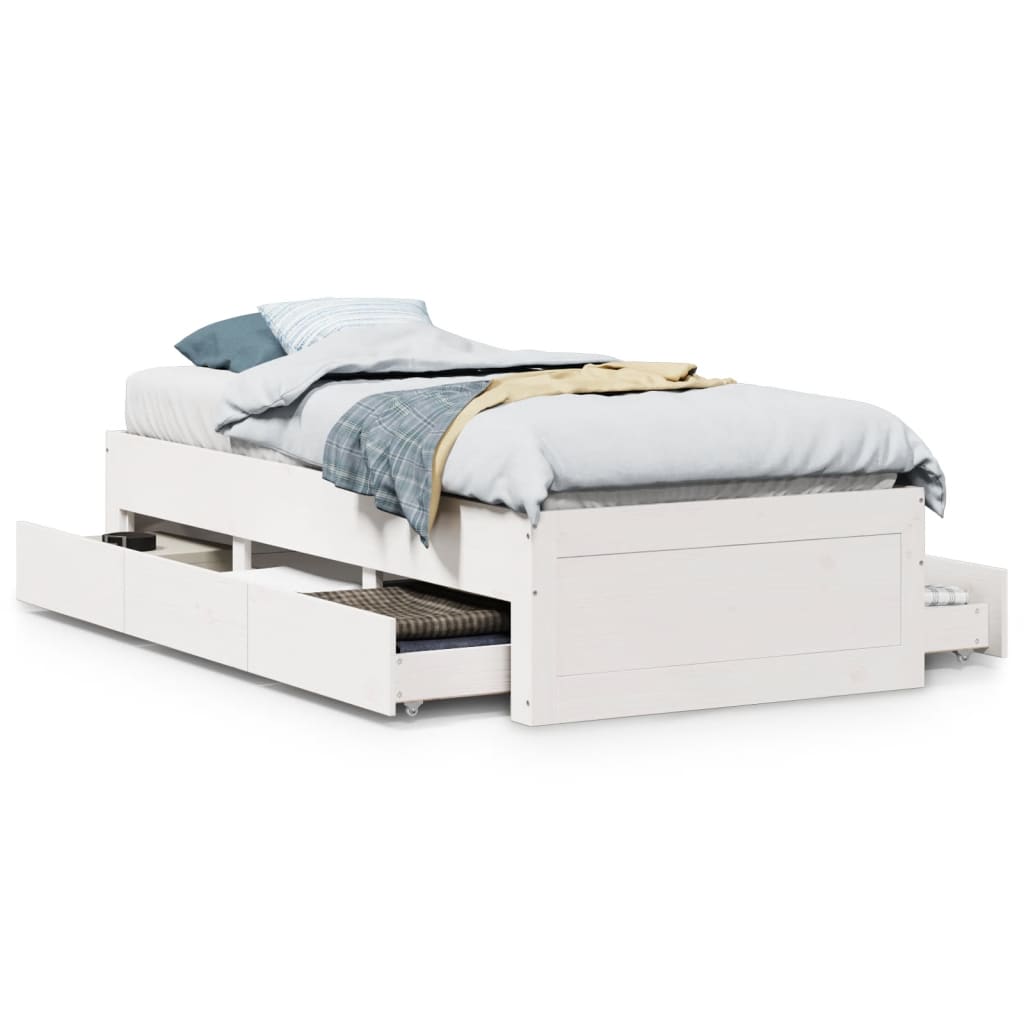 Bed Frame without Mattress with Drawers White 75x190 cm Small Single Solid Wood Pine
