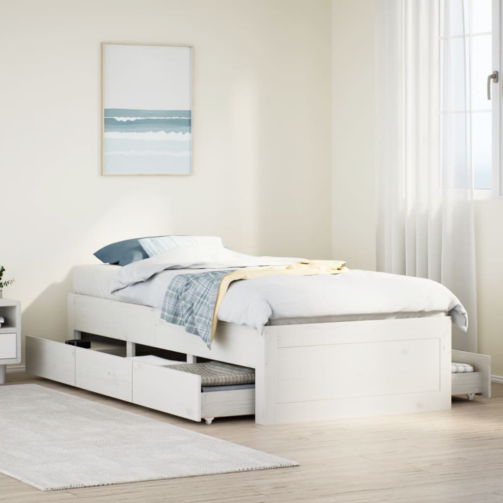 Bed Frame without Mattress with Drawers White 75x190 cm Small Single Solid Wood Pine