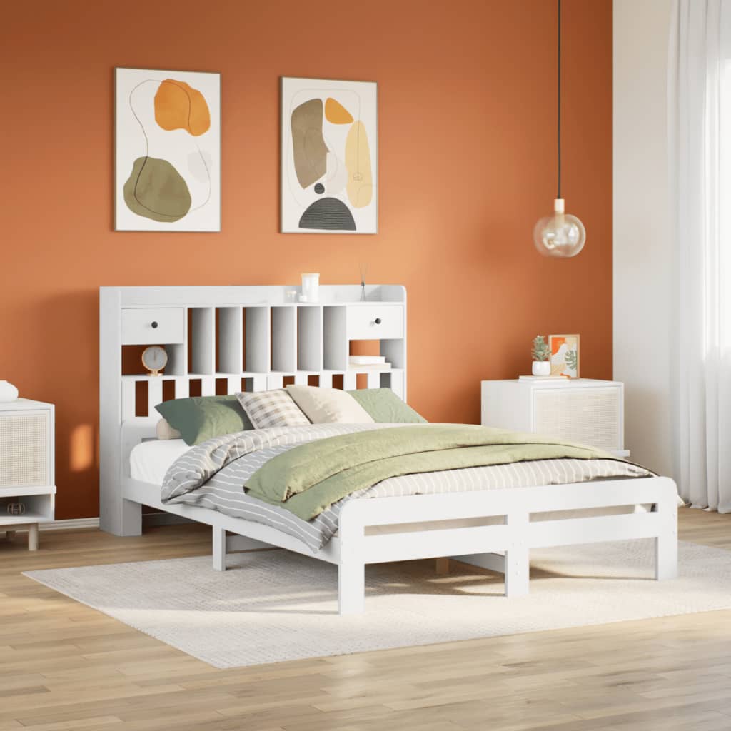 Bookcase Bed without Mattress White 150x200 cm King Size Solid Wood Pine