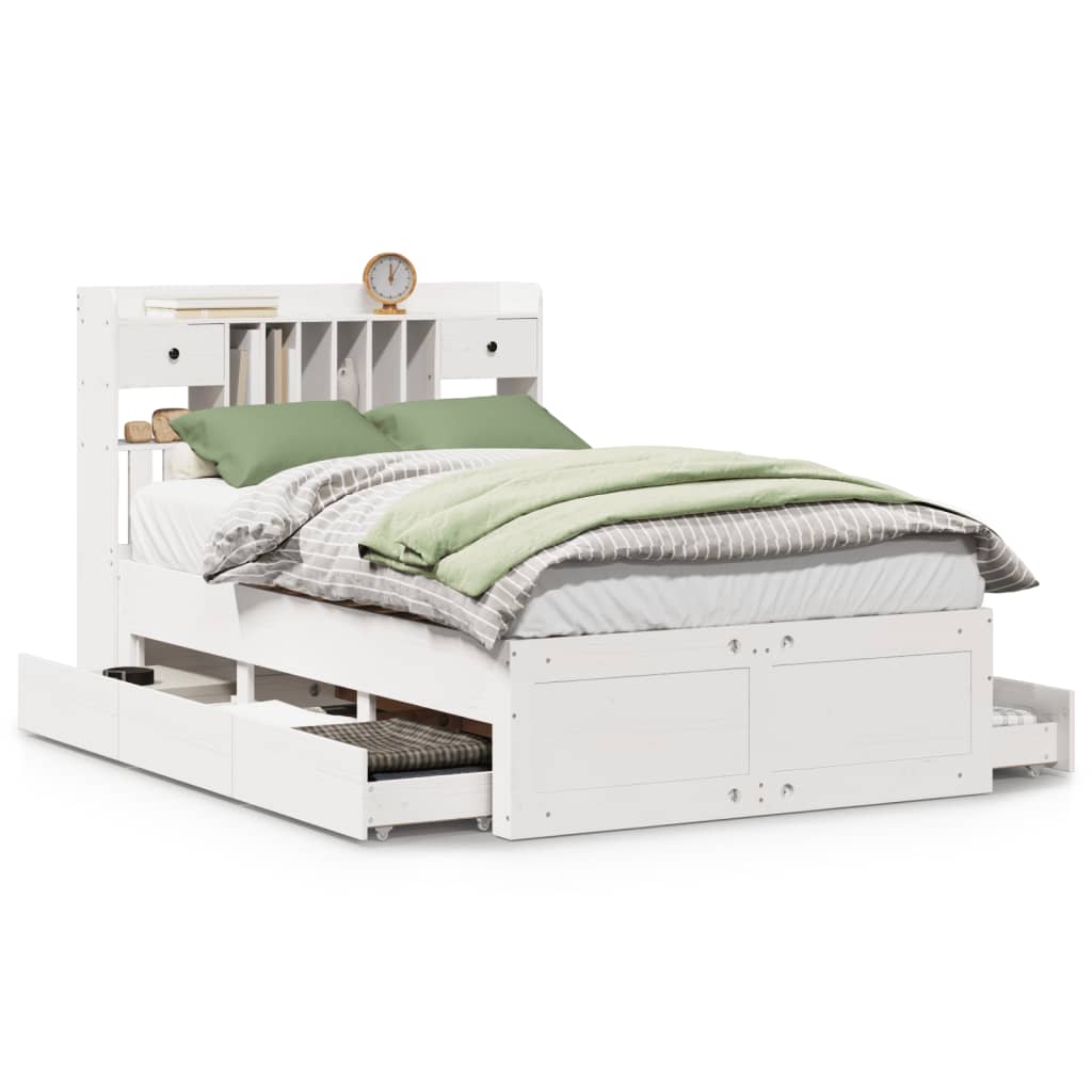 Bookcase Bed without Mattress White 135x190 cm Double Solid Wood Pine