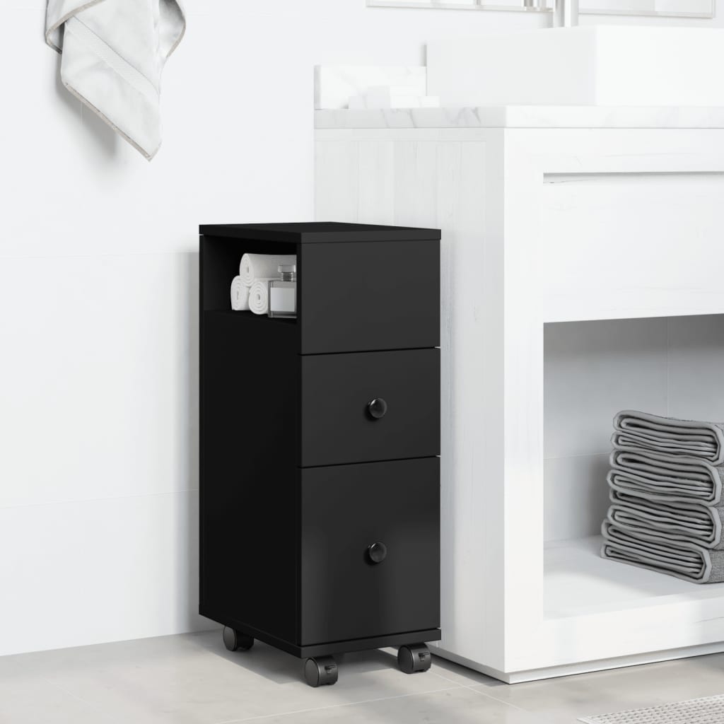 Narrow Bathroom Cabinet with Wheels Black Engineered Wood
