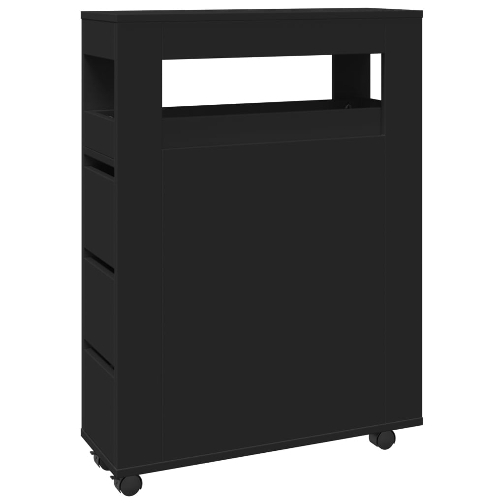 Narrow Bathroom Cabinet with Wheels Black Engineered Wood