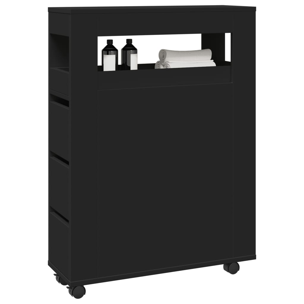 Narrow Bathroom Cabinet with Wheels Black Engineered Wood