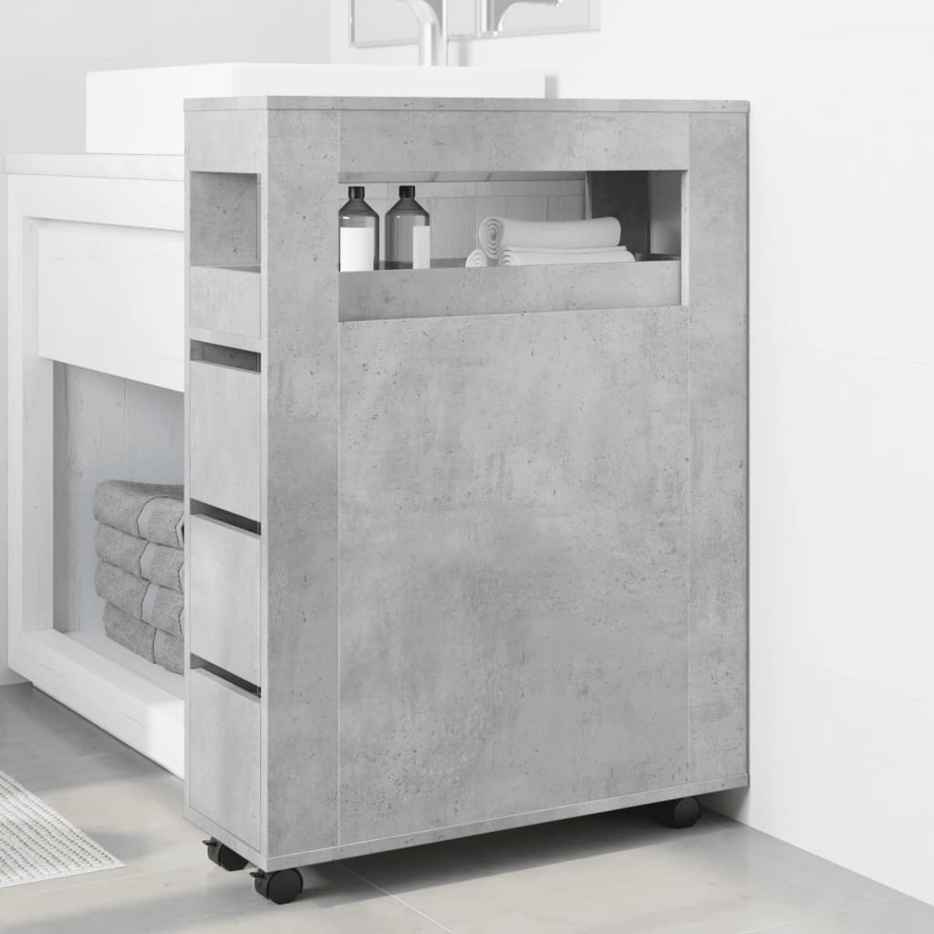 Narrow Bathroom Cabinet with Wheels Concrete Grey Engineered Wood
