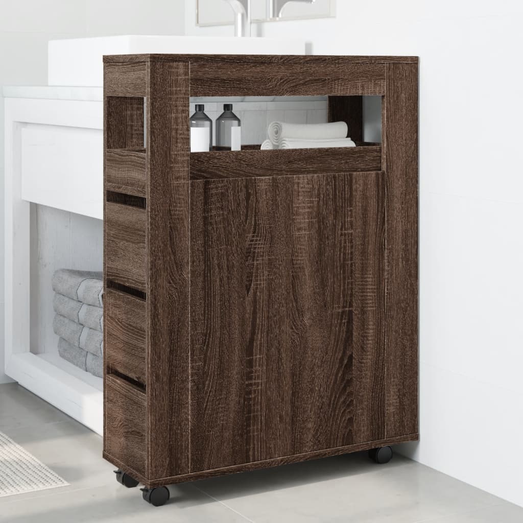 Narrow Bathroom Cabinet with Wheels Brown Oak Engineered Wood