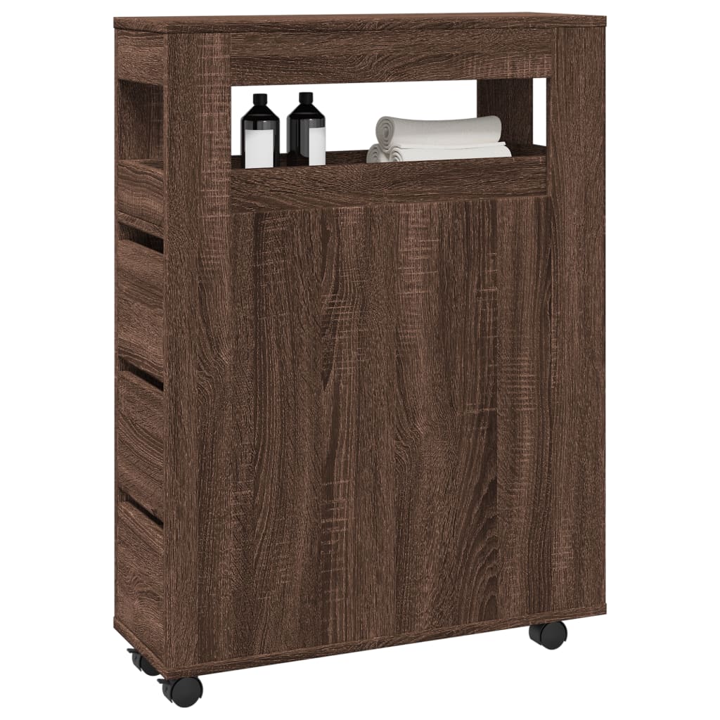 Narrow Bathroom Cabinet with Wheels Brown Oak Engineered Wood