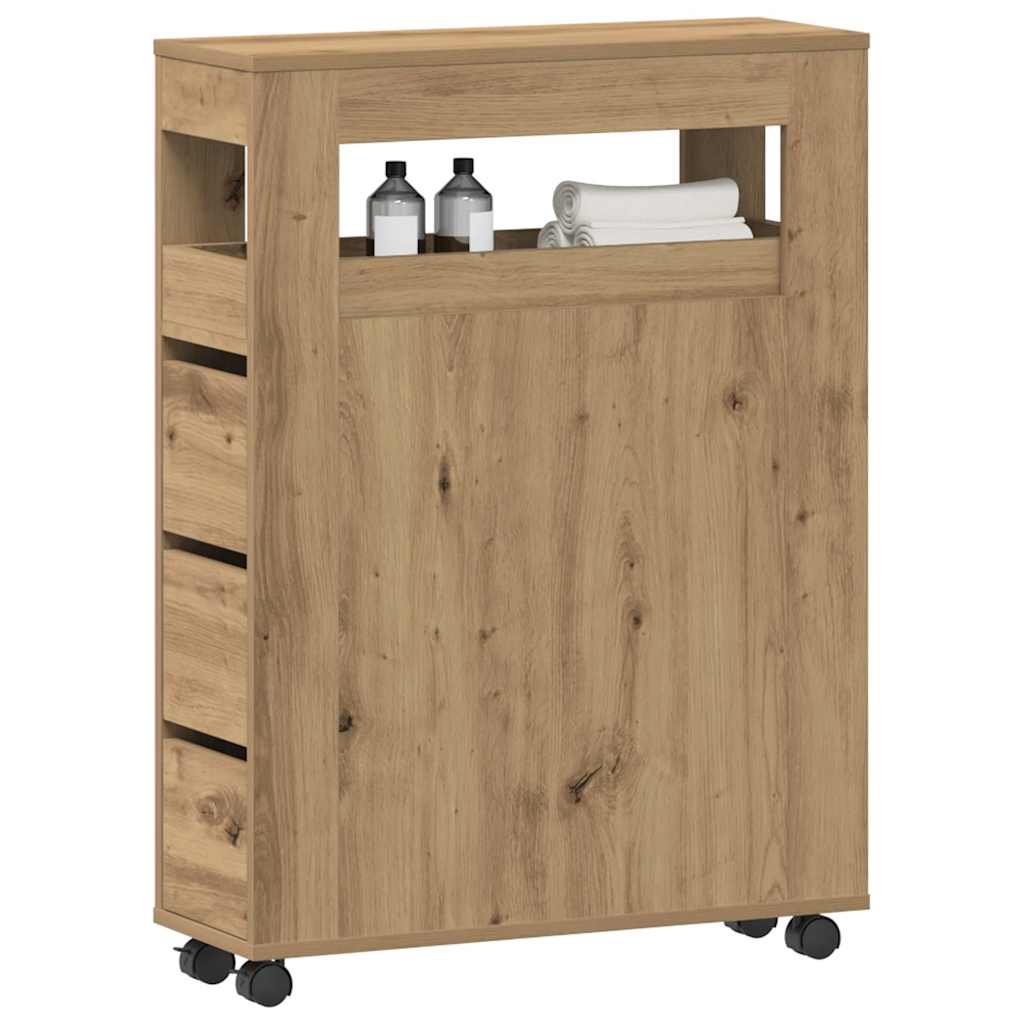 Narrow Bathroom Cabinet with Wheels Artisian Oak Engineered Wood