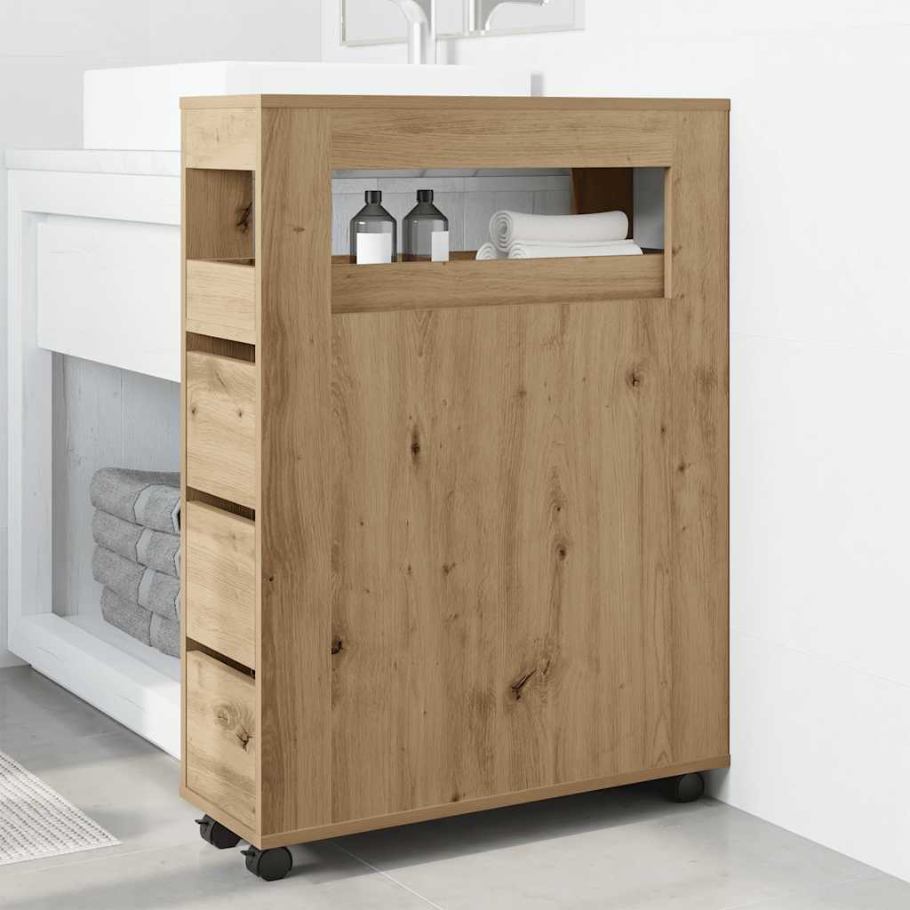 Narrow Bathroom Cabinet with Wheels Artisian Oak Engineered Wood