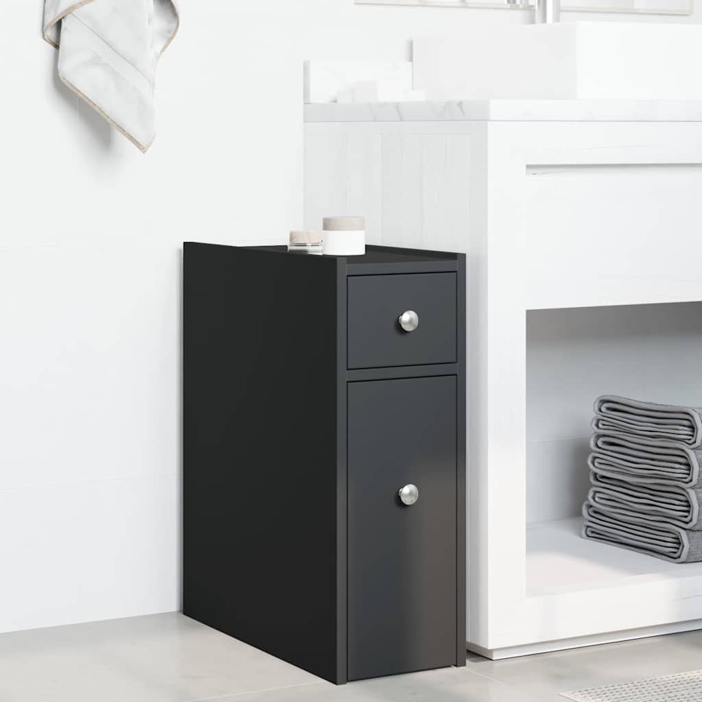 Narrow Bathroom Cupboard with Wheels Black Engineered Wood