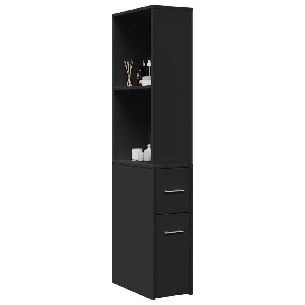 Narrow Bathroom Cupboard with Wheels Black Engineered Wood