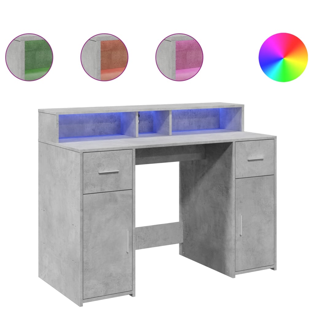 Desk with LED Lights Concrete Grey 120x55x91 cm Engineered Wood