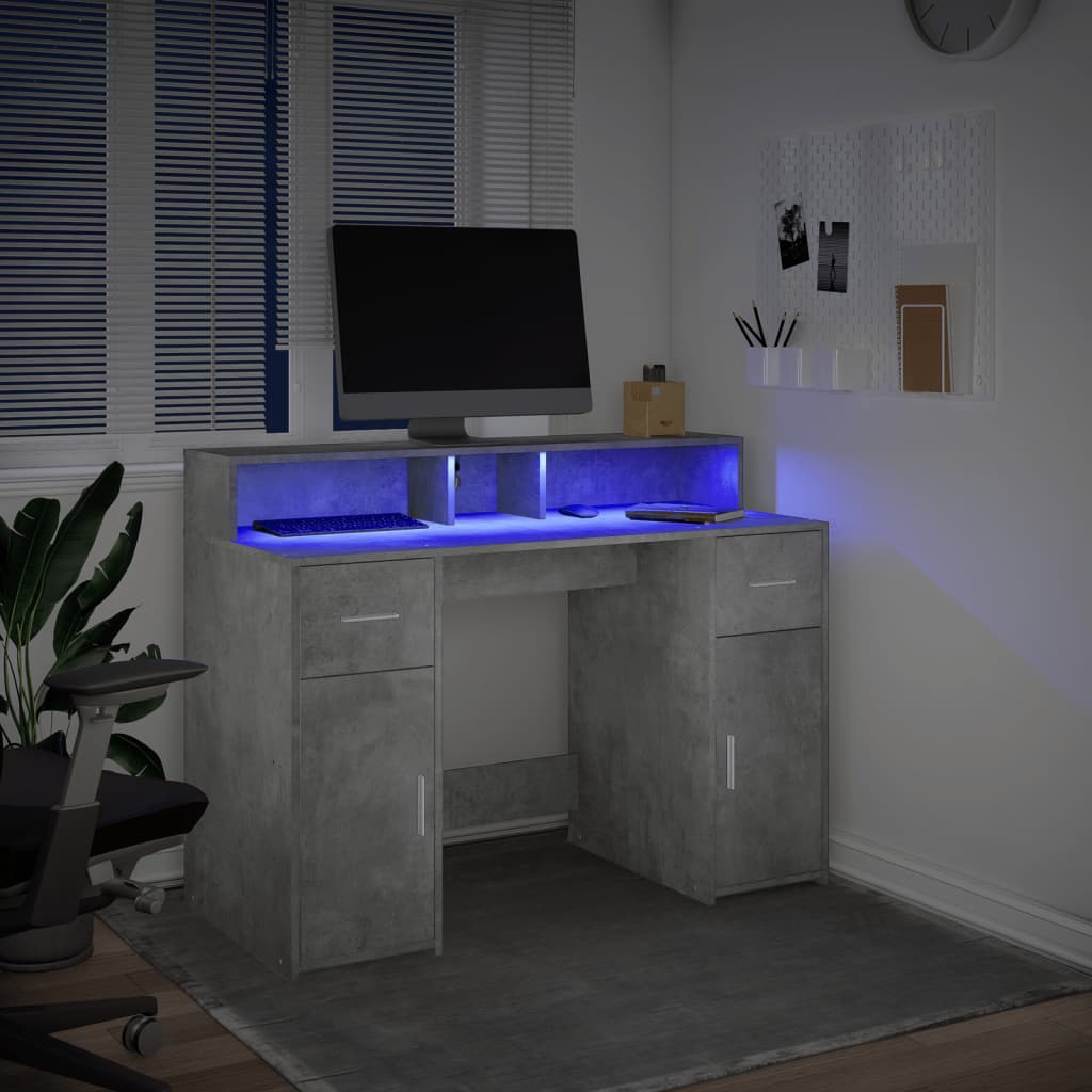 Desk with LED Lights Concrete Grey 120x55x91 cm Engineered Wood