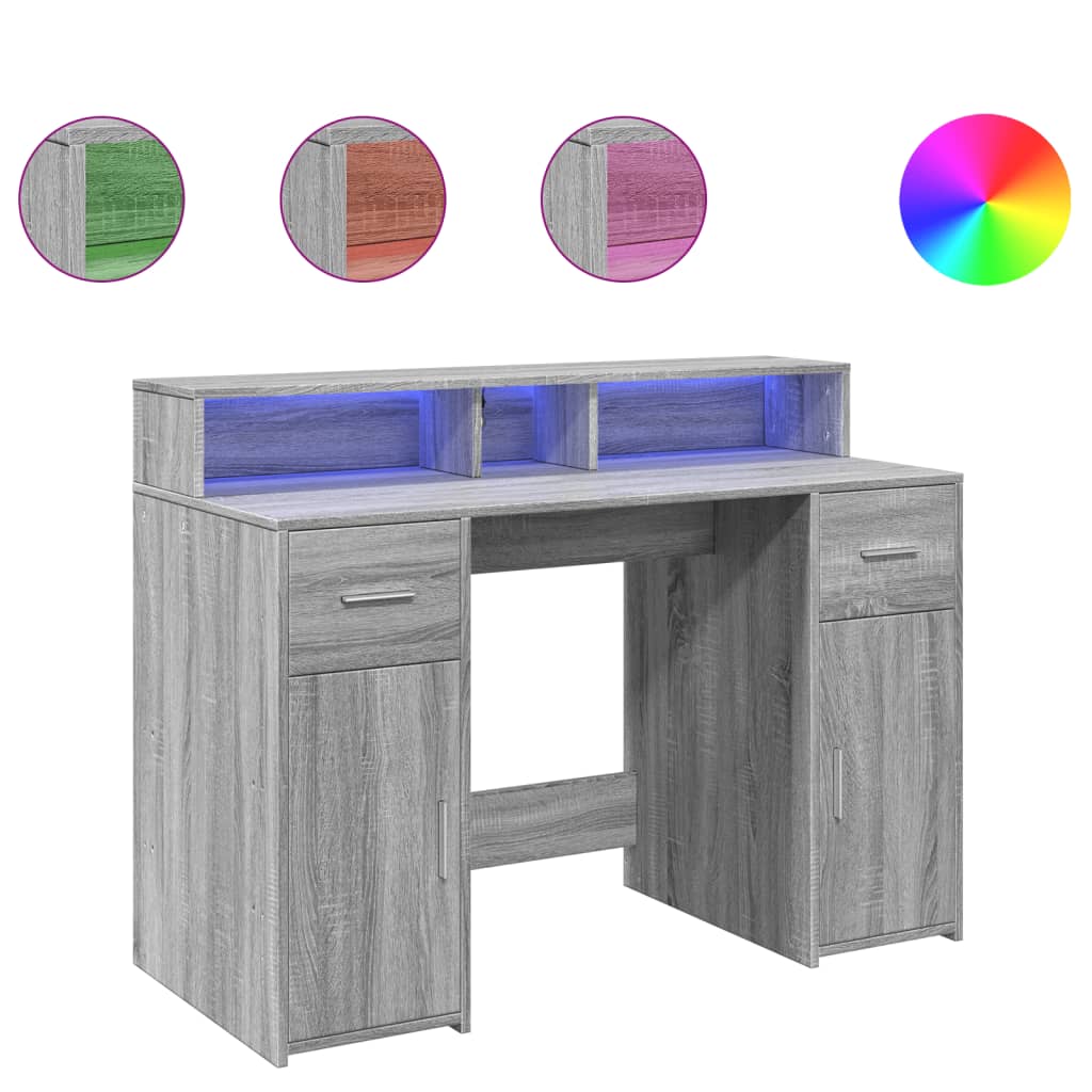 Desk with LED Lights Grey Sonoma 120x55x91 cm Engineered Wood