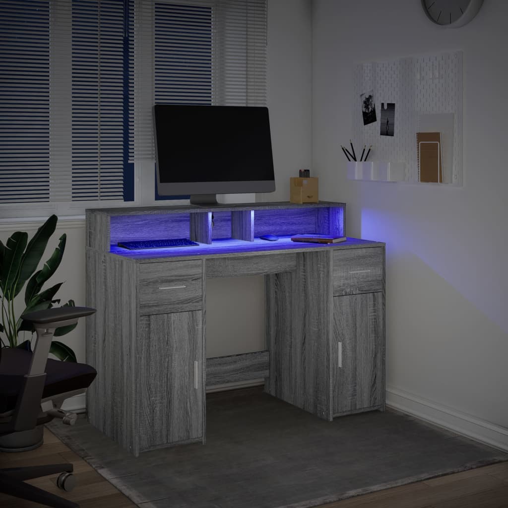 Desk with LED Lights Grey Sonoma 120x55x91 cm Engineered Wood