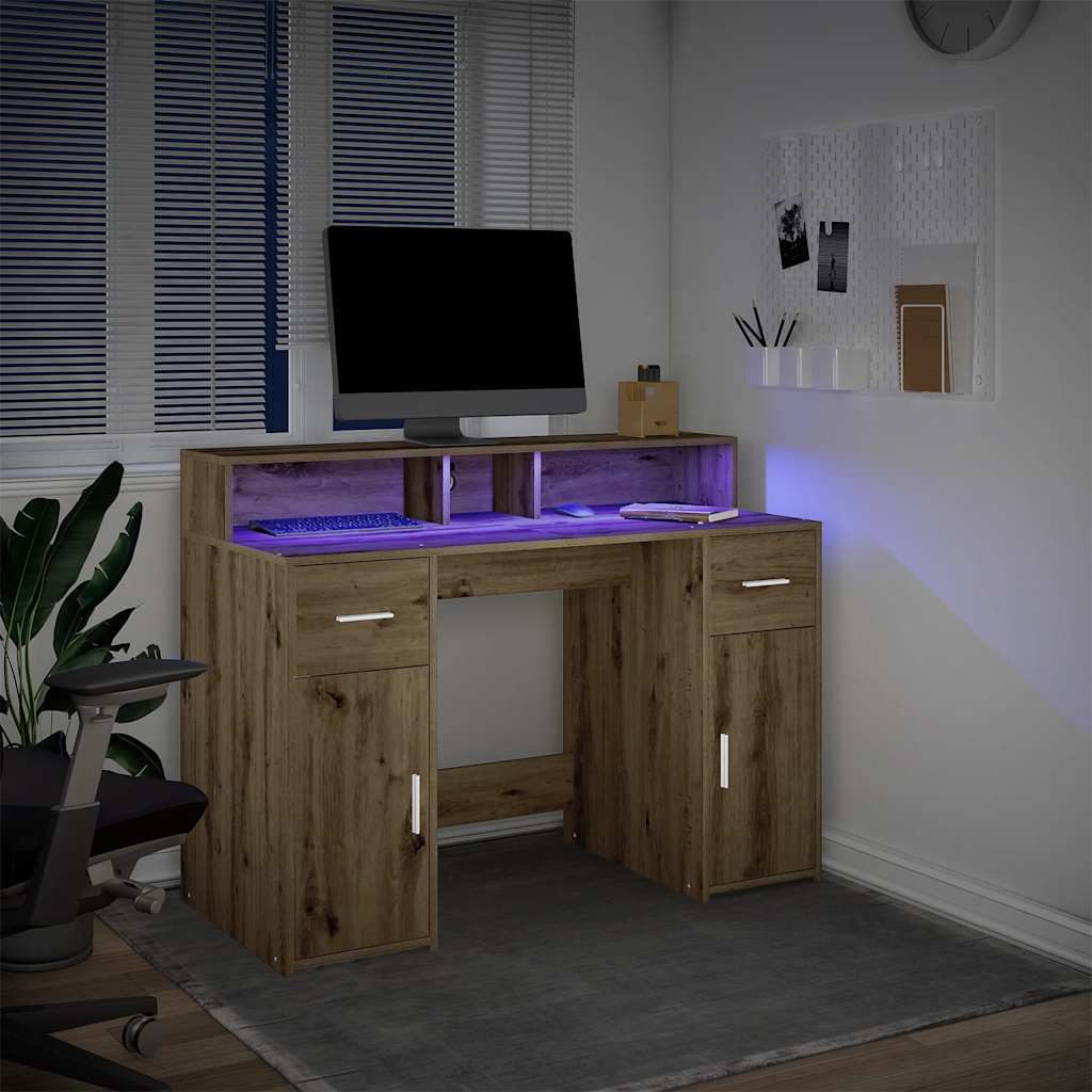 Desk with LED Lights Artisian Oak 120x55x91 cm Engineered Wood