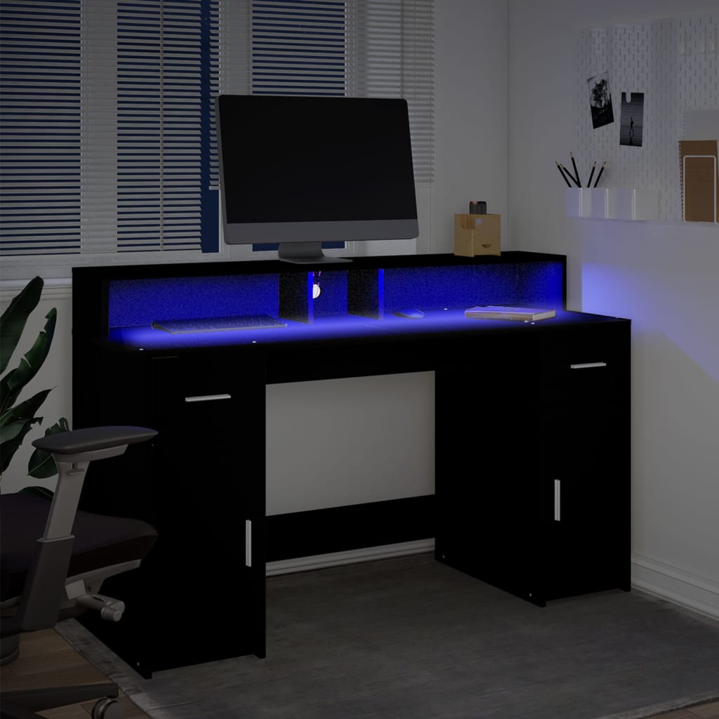 Desk with LED Lights Black 140x55x91 cm Engineered Wood