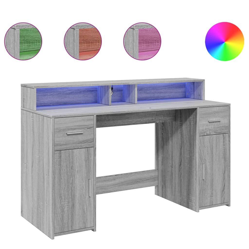 Desk with LED Lights Grey Sonoma 140x55x91 cm Engineered Wood