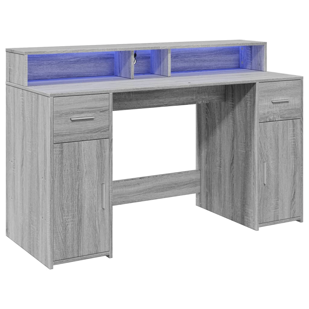 Desk with LED Lights Grey Sonoma 140x55x91 cm Engineered Wood