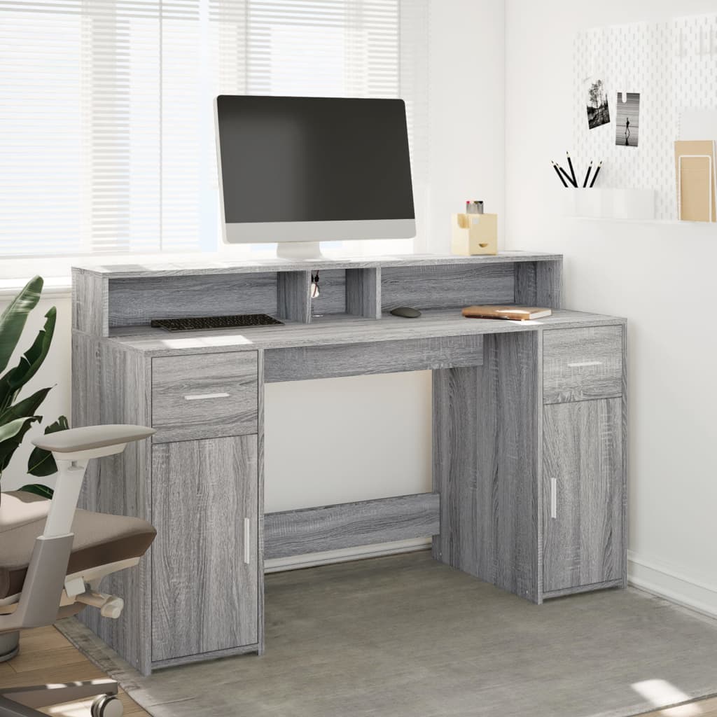 Desk with LED Lights Grey Sonoma 140x55x91 cm Engineered Wood