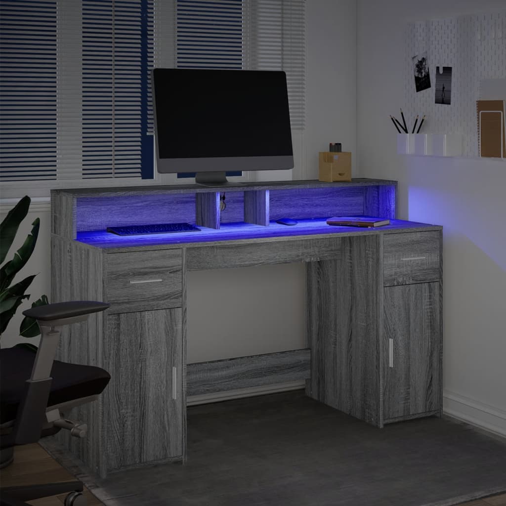 Desk with LED Lights Grey Sonoma 140x55x91 cm Engineered Wood