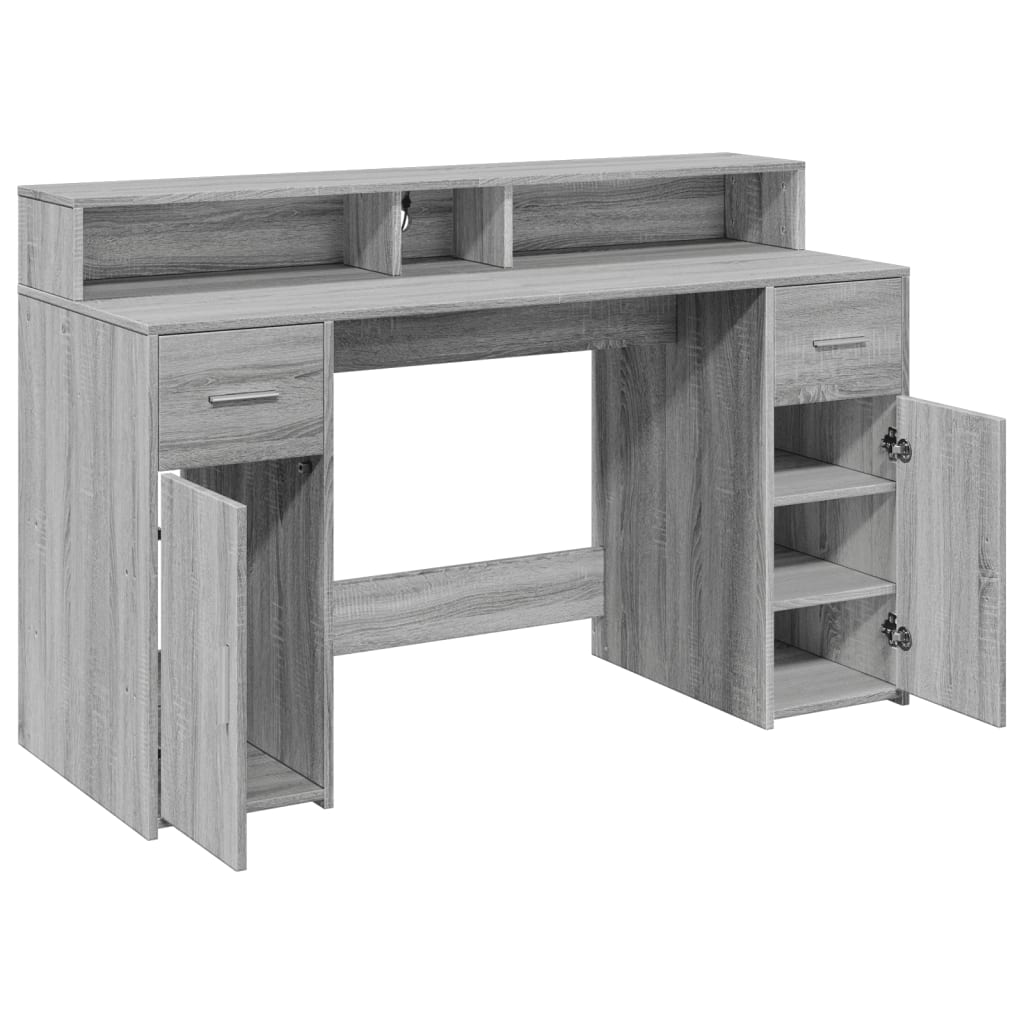 Desk with LED Lights Grey Sonoma 140x55x91 cm Engineered Wood