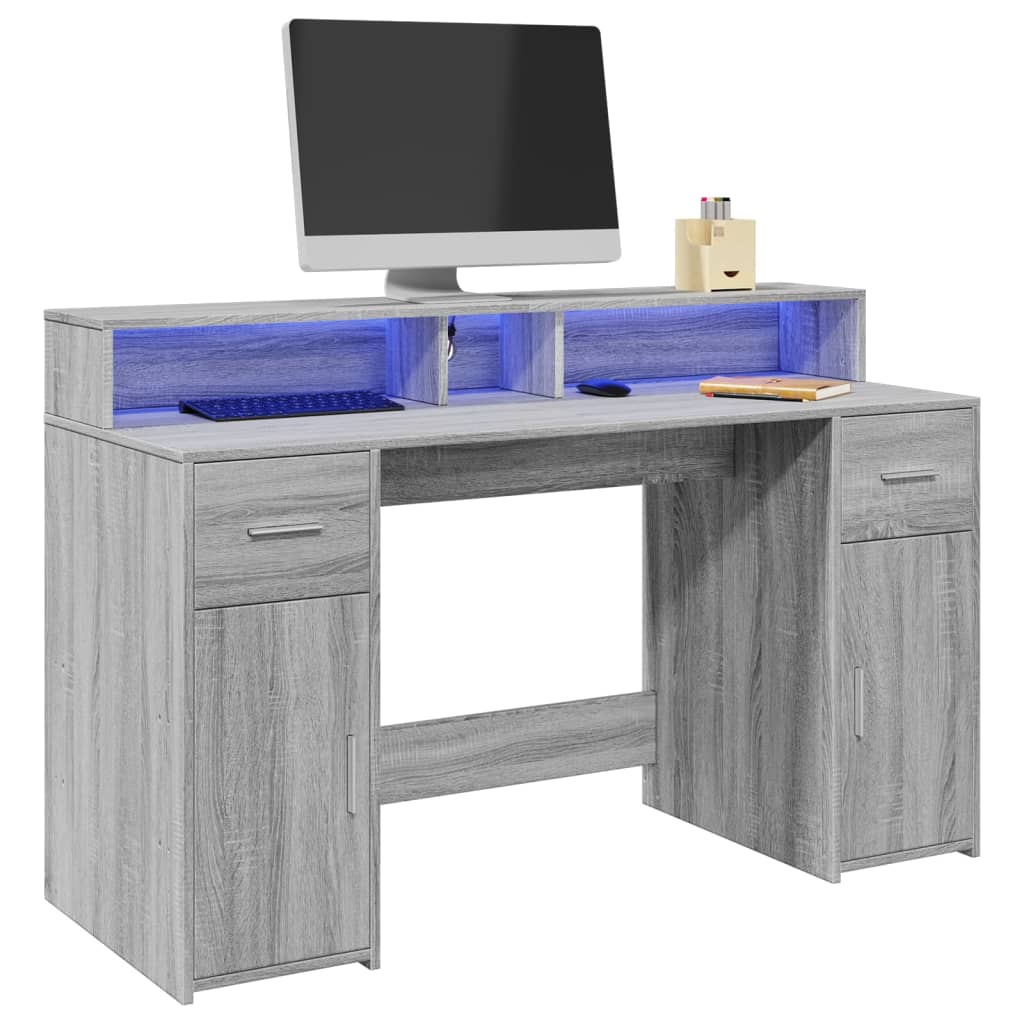 Desk with LED Lights Grey Sonoma 140x55x91 cm Engineered Wood