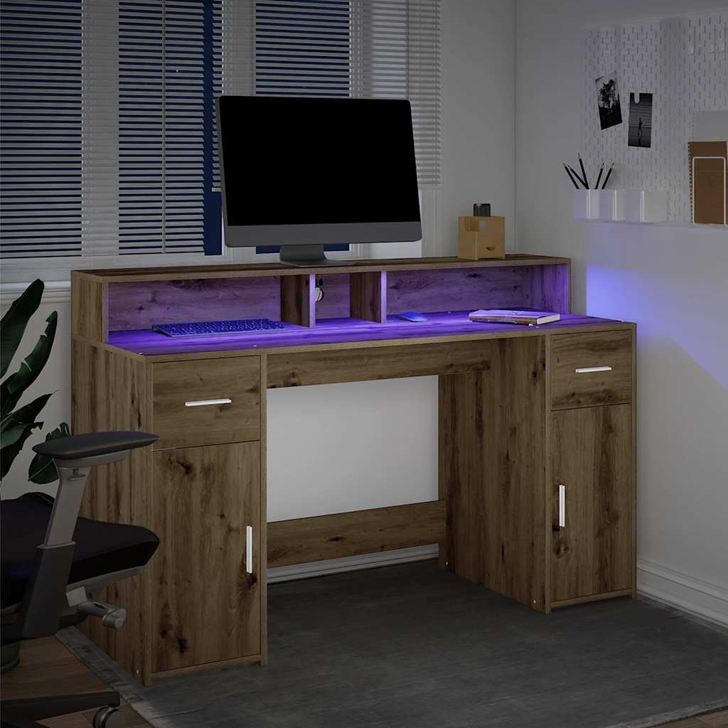 Desk with LED Lights Artisian Oak 140x55x91 cm Engineered Wood