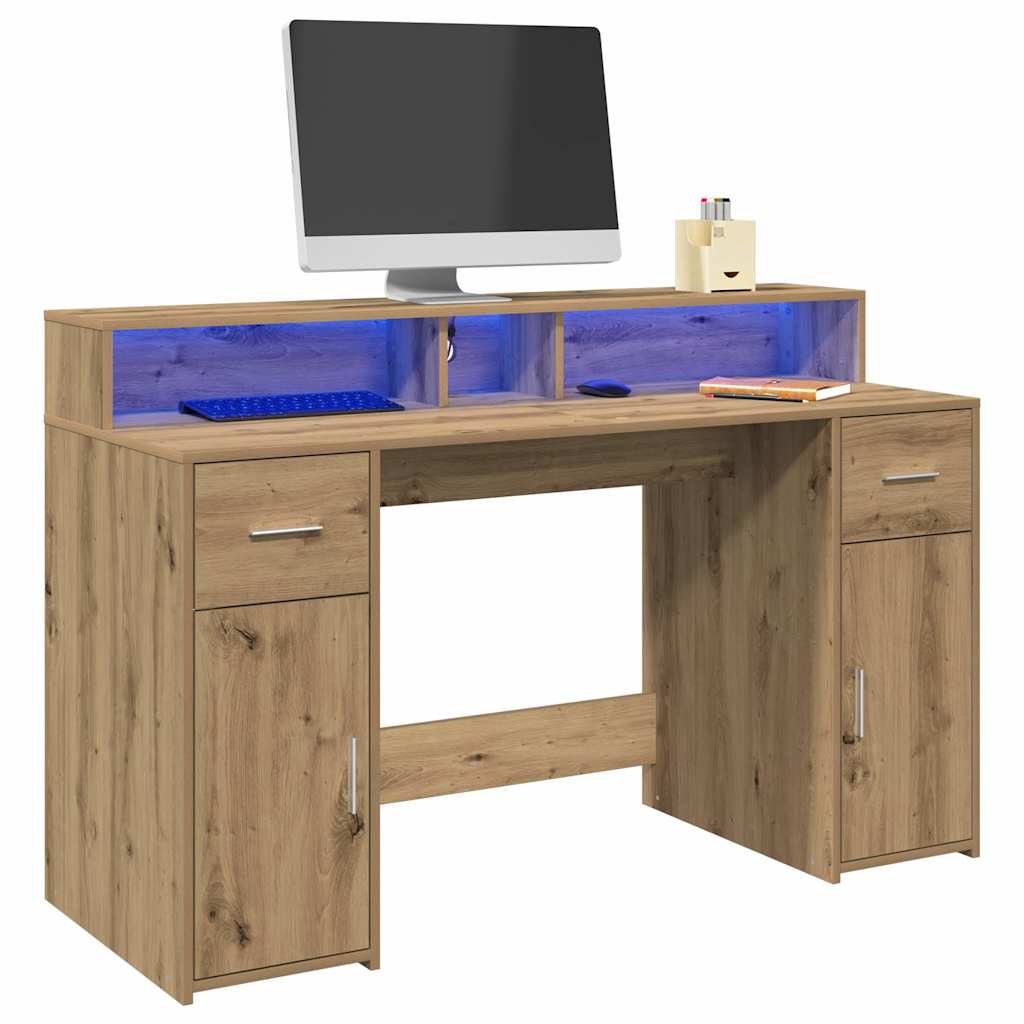 Desk with LED Lights Artisian Oak 140x55x91 cm Engineered Wood