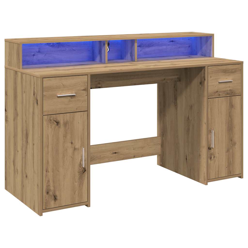 Desk with LED Lights Artisian Oak 140x55x91 cm Engineered Wood