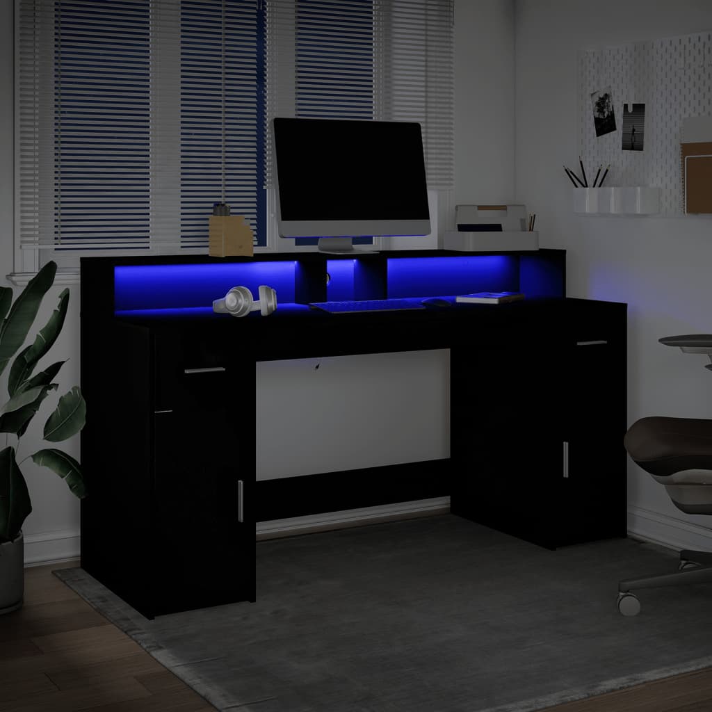 Desk with LED Lights Black 160x55x91 cm Engineered Wood