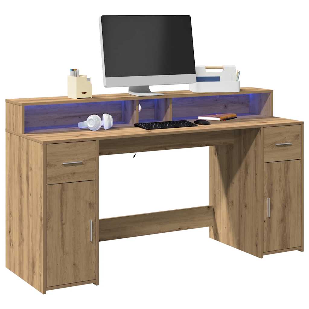 Desk with LED Lights Artisian Oak 160x55x91 cm Engineered Wood