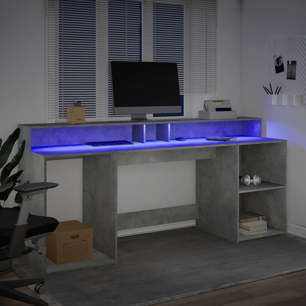 Desk with LED Lights Concrete Grey 200x55x91 cm Engineered Wood