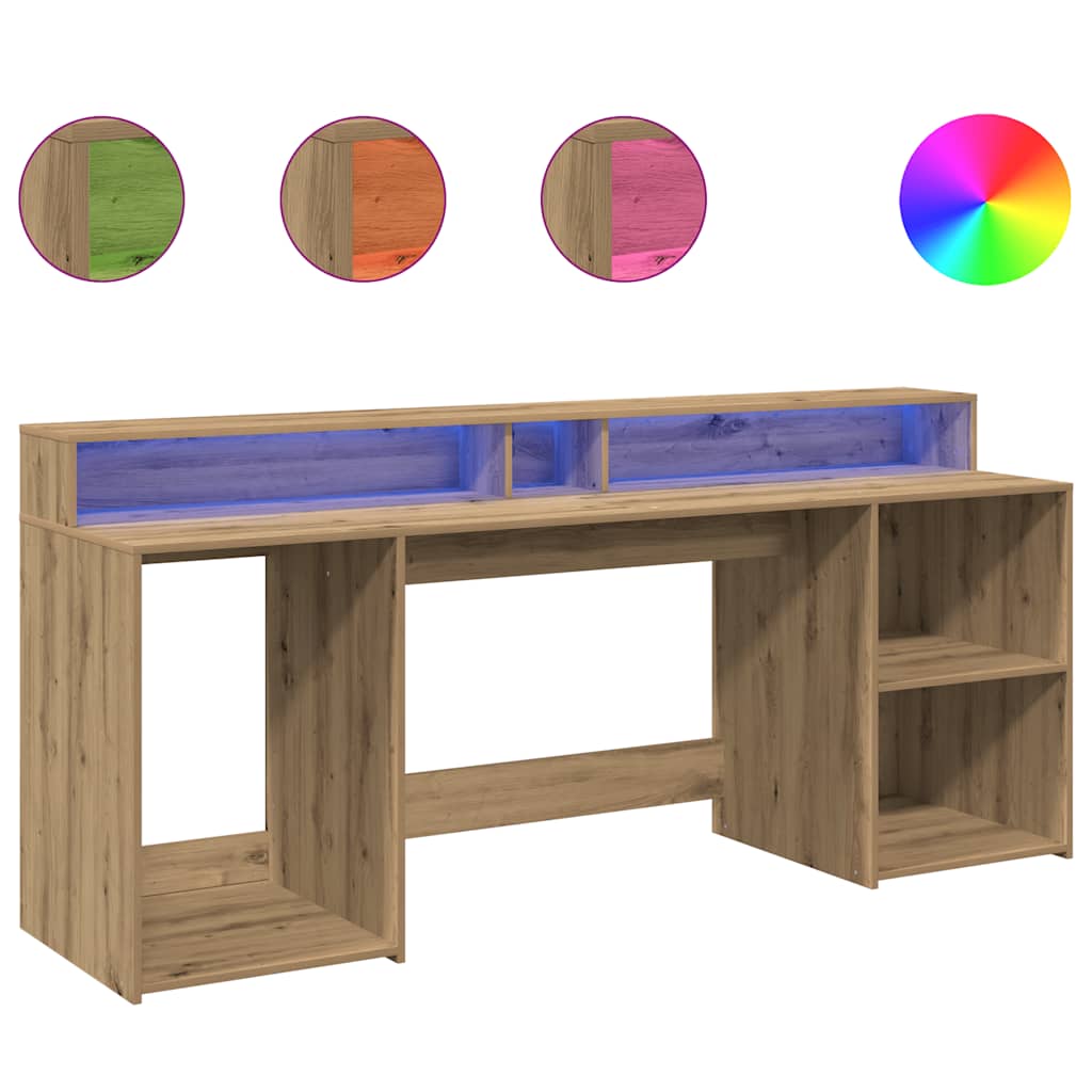 Desk with LED Lights Artisian Oak 200x55x91 cm Engineered Wood