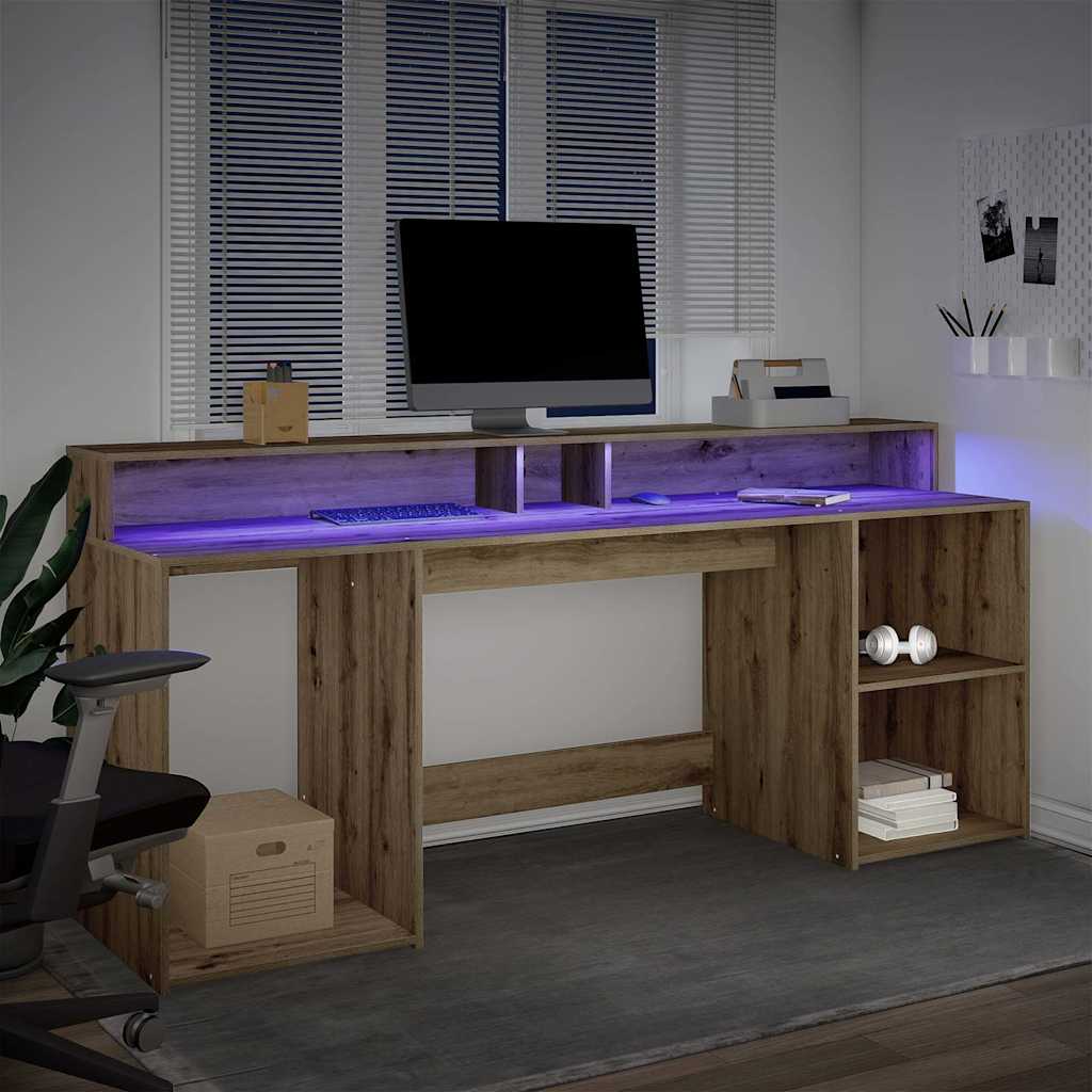 Desk with LED Lights Artisian Oak 200x55x91 cm Engineered Wood