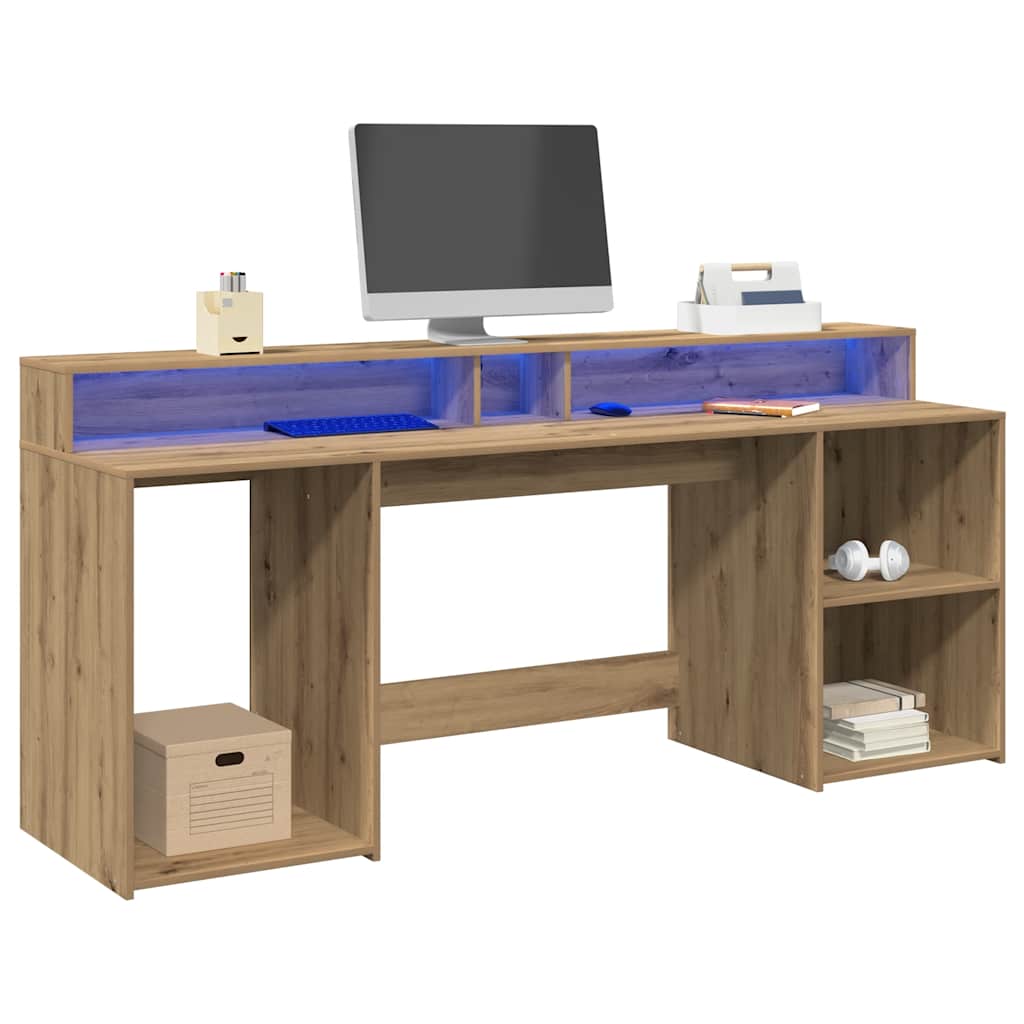 Desk with LED Lights Artisian Oak 200x55x91 cm Engineered Wood