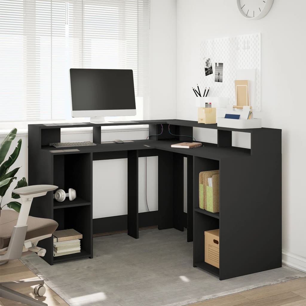 Desk with LED Lights Black 130x130x91 cm Engineered Wood