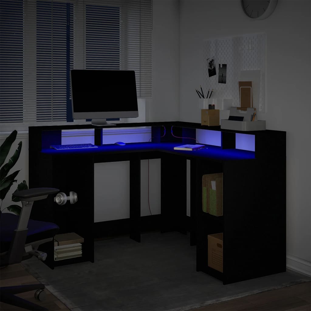 Desk with LED Lights Black 130x130x91 cm Engineered Wood