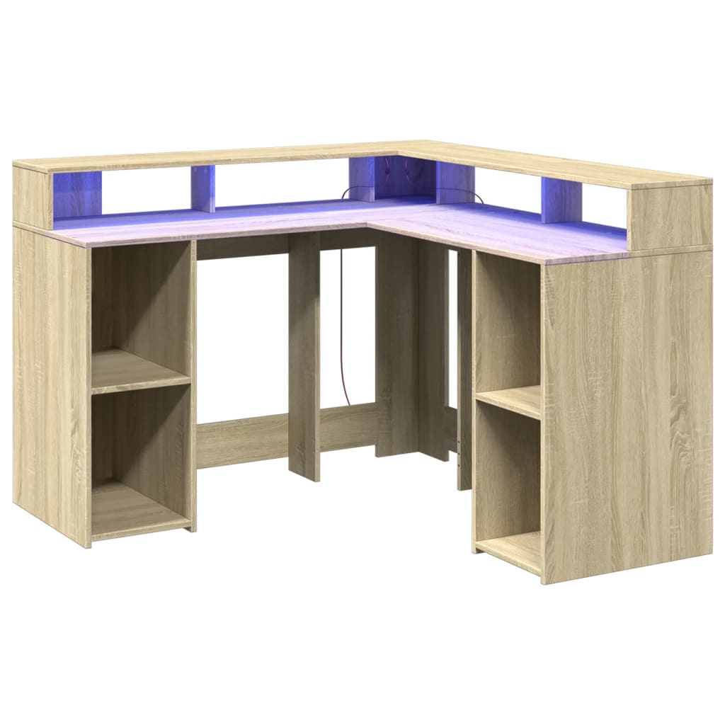 Desk with LED Lights Sonoma Oak 130x130x91 cm Engineered Wood