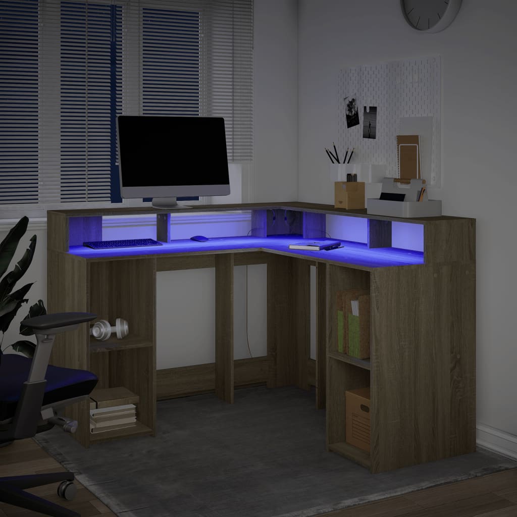 Desk with LED Lights Sonoma Oak 130x130x91 cm Engineered Wood