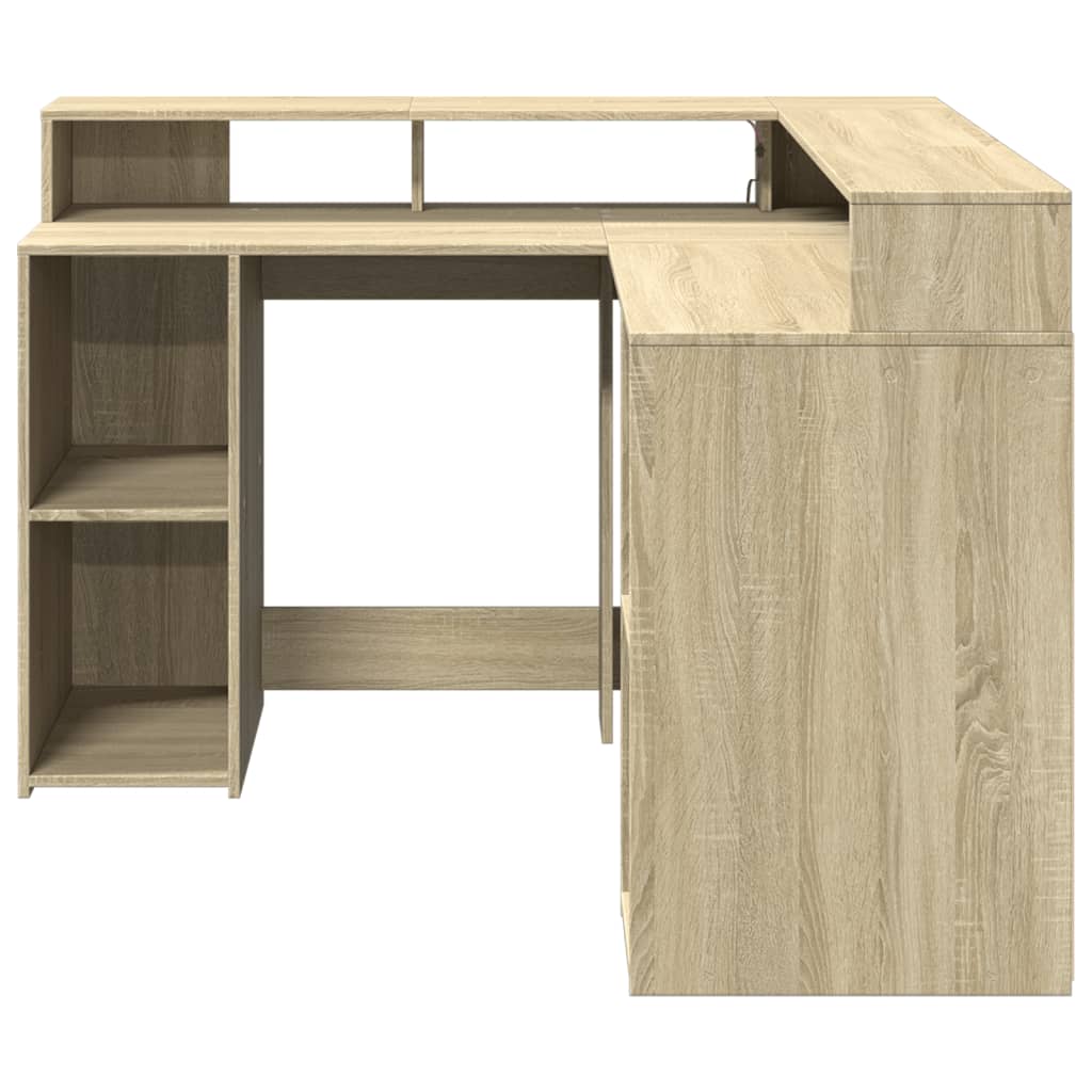 Desk with LED Lights Sonoma Oak 130x130x91 cm Engineered Wood
