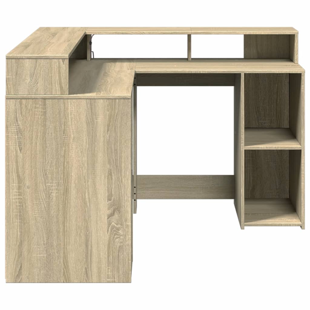 Desk with LED Lights Sonoma Oak 130x130x91 cm Engineered Wood