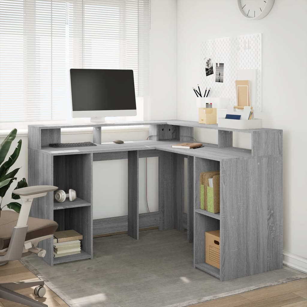 Desk with LED Lights Grey Sonoma 130x130x91 cm Engineered Wood